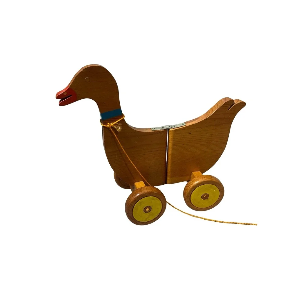 Vintage Wooden Duck Pull Toy Brown Yellow Wood Handcrafted OS Folk Art Toy